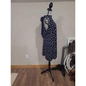 ELLE flowy back bow tie trapeze dress Women SZ PL Navy White Polka Dot elegant